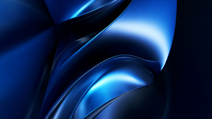 3D abstract render of fluid, dark blue metallic surfaces with smooth curves and reflective highlights. A modern, elegant visual symbolizing luxury, technology, and futuristic design.


