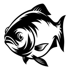 Monochrome stylized illustration of a fish with intricate details and sharp lines