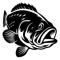 Black and white vector illustration of a largemouth bass with open mouth