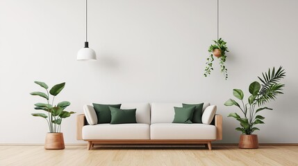 Inviting living room showcasing a soft white sofa surrounded by lush green plants in a minimalist design style