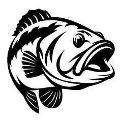 Black and white artistic depiction of a bass with its mouth open