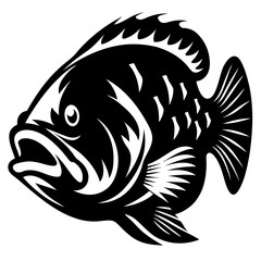 Stylized black and white largemouth bass illustration with sharp details depicted