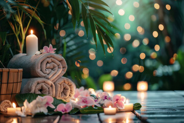 Serenity at a spa with rolled towels, candles, and orchids on a wooden surface, surrounded by lush greenery and warm lights.