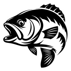 Black and white vector drawing of a bass fish in action