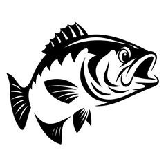 Stylized Black and White Largemouth Bass Fish Illustration with Open Mouth