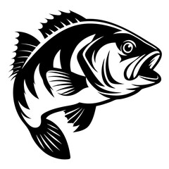 Striking black and white graphic illustration of a leaping Largemouth Bass fish