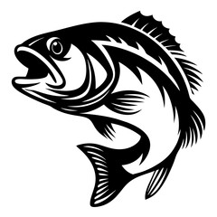 Bold black and white illustration of a largemouth bass leaping upwards