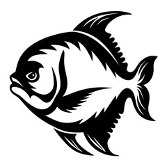 Monochrome illustration of a stylized piranha with intricate details and sharp fins