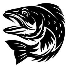 Stylized Black and White Fish Illustration with Open Mouth and Sharp Fins