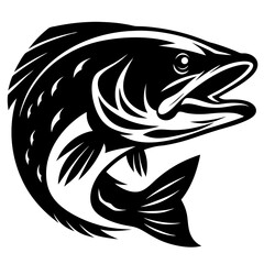 Black and white illustration of a muskie fish jumping upwards out of water