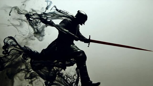 Sword-wielding knight slashes through dark ink mist in dramatic motion