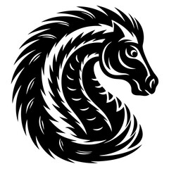 Dramatic monochrome depiction of a horse head with a stylized mane pattern