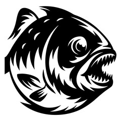 Monochrome Piranha Illustration with Sharp Teeth and Aggressive Facial Expression
