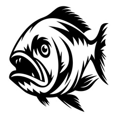Intricate black and white illustration of a ferocious fish with sharp teeth