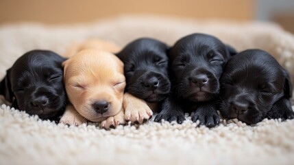 Obraz premium Five Cute Puppies Sleeping Together on Soft Blanket in Cozy Setting