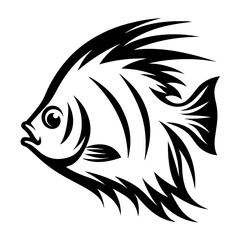 Stylized Black and White Tropical Fish Illustration with Ornamental Details around Fins