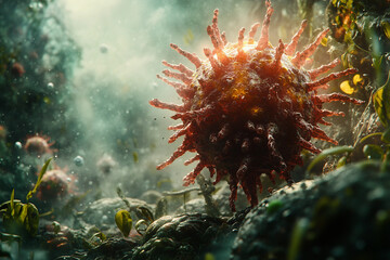 Generative AI close-up of virus structures with detailed molecular design and glowing particle effects