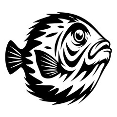 Black and white graphic depiction of a fish with intricate line work
