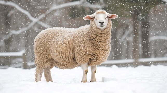 Sheep stands peacefully in falling snow amidst a snowy wooded landscape
