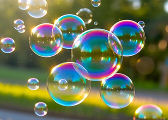 Colorful Soap Bubbles, Rainbow Colorful Soap Bubbles Reflecting Light Against a Nature Background