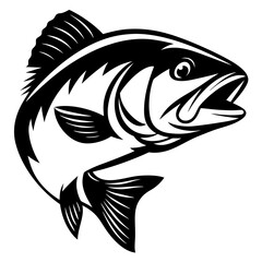 Striking black and white illustration of a large mouth bass leaping up