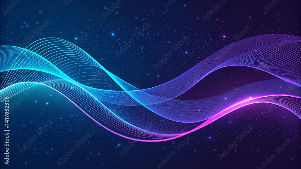 Poster Blue Abstract Graphic particle Wave Background. Modern purple blue gradient flowing wave lines. Dark abstract background with glowing wave, futuristic motion energy design curve backdrop