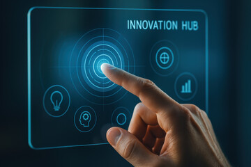 A hand interacting with a futuristic digital panel symbolizes business strategy and decision-making focused on innovation and growth efficiency