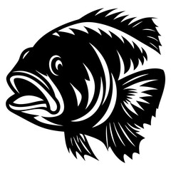 Bold Black and White Fish Illustration with Open Mouth and Spiky Fins