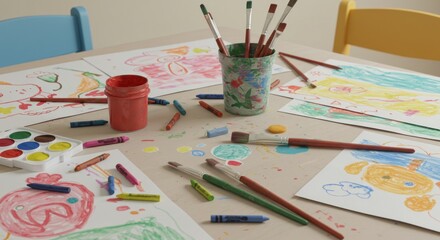 Art supplies and drawings on a table. Photo