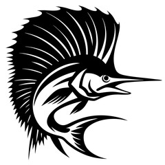 A stylized black and white illustration of a sailfish leaping forward fiercely