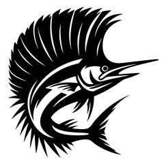 Striking monochrome marlin with impressive dorsal fin in a stylized vector art