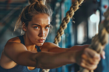 Obraz premium Focused young woman in a gym, contemplating her workout, sunlight casting a warm glow on her face.
