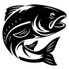Monochromatic illustration of a fish leaping upwards with an open mouth design