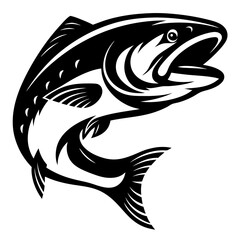 Dramatic black and white illustration of a leaping salmon in graphic style