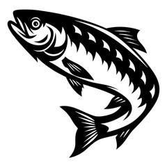 Stylized vector illustration of a black and white trout fish jumping upwards
