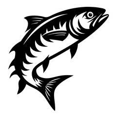 Black and white depiction of a stylized salmon jumping upwards