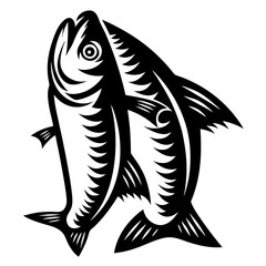 Stylized black and white illustration of two fish swimming together upwards