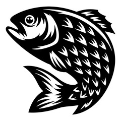 Stylized Black and White Illustration of a Fish Leaping Upward with Scales