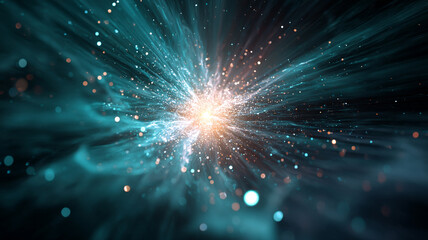 Naklejka premium Radiant cosmic explosion or energy burst in deep space, with glowing blue and orange particles spreading outward in a dynamic, high-energy abstract composition.