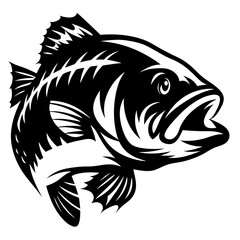 Striking Black and White Bass Fish Illustration with Open Mouth Detail
