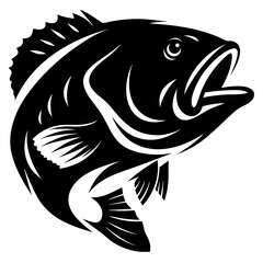 Monochrome Illustration of a Largemouth Bass Fish with an Open Mouth
