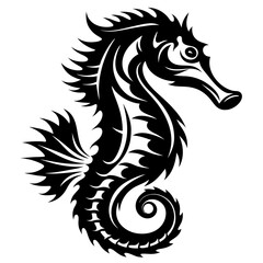 Elegant Black and White Seahorse Illustration with Intricate Tribal Design Elements
