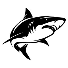 Stylized black and white great white shark image swimming upwards dynamically