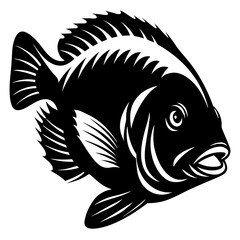 Monochrome depiction of a fish with elaborate fins and scales design