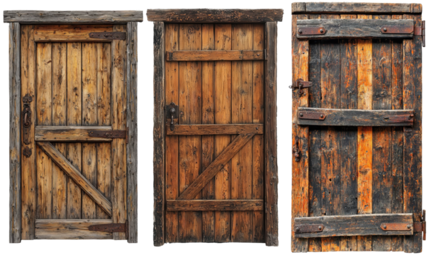 Set of Three weathered wooden doors with unique textures and designs. isolate on transparent background