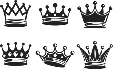 Crown Icon Set in Minimal Flat Design for Logos and UI | Royal Crown Icons in Bold Black Silhouette Style | Flat Crown Icons for Branding and Interface Design | Minimalist Crown Icon