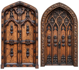 Set of Intricately carved gothic wooden doors with ornate details. isolate on transparent background