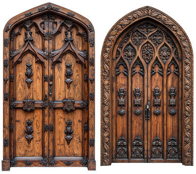 Set of Intricately carved gothic wooden doors with ornate details. isolate on transparent background - Powered by Adobe
