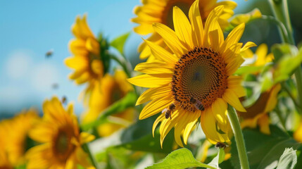 Garden Sunflowers and Buzzing Bees
