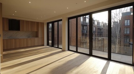 Obraz premium Sunny modern apartment interior with city view